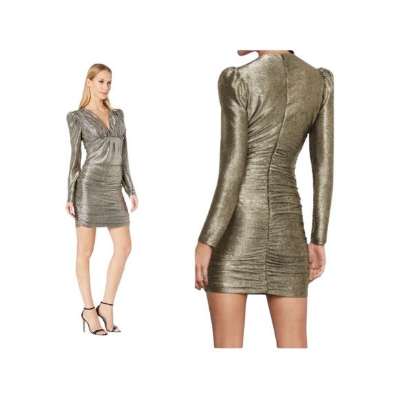 BCBGMaxAzria Dresses & Skirts - NWT BCBGMAXAZRIA Ruched Long Sleeve Metallic Cocktail Mini Dress Small